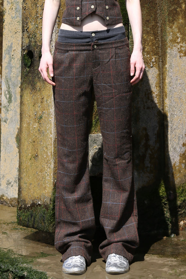 Plaid mock two-piece trousers